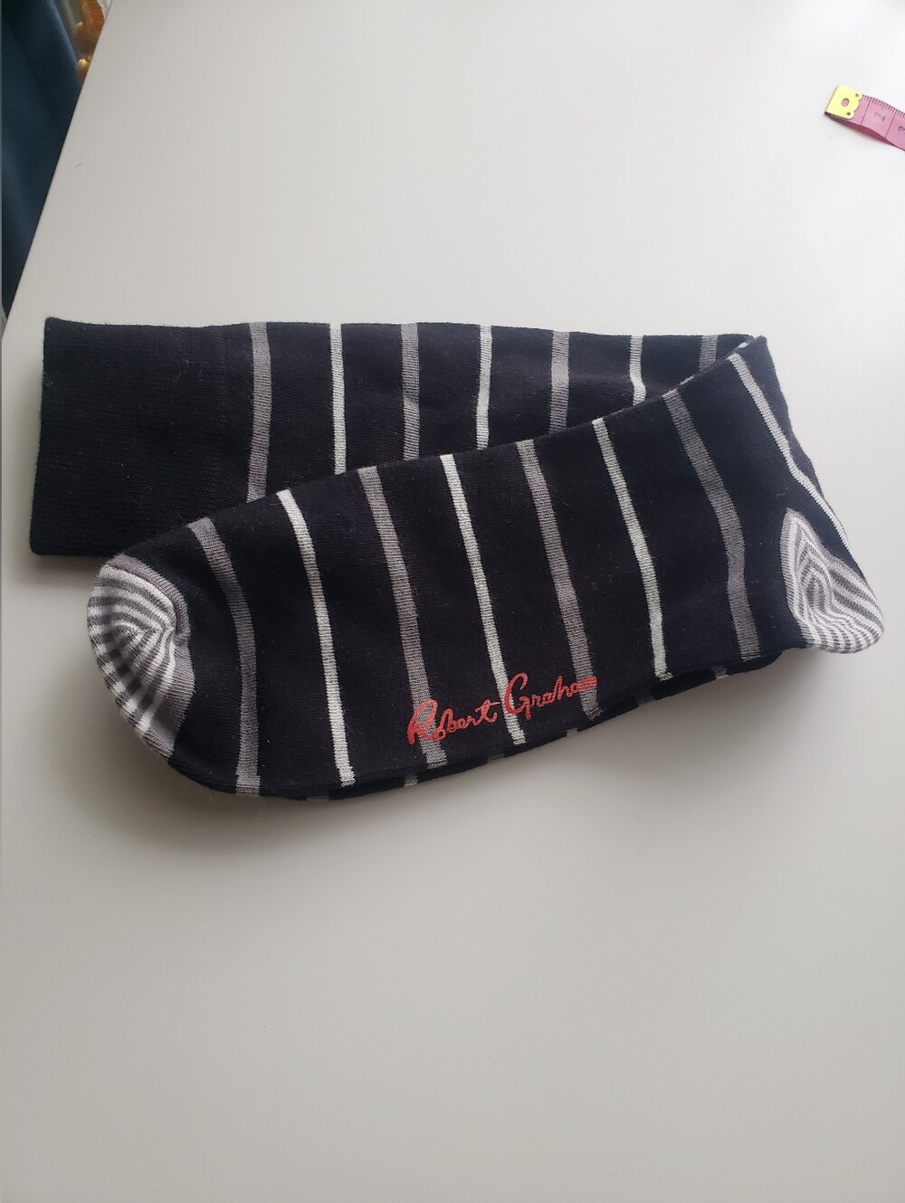 Robert Graham Black & Gray Striped Casual Socks with Red Logo